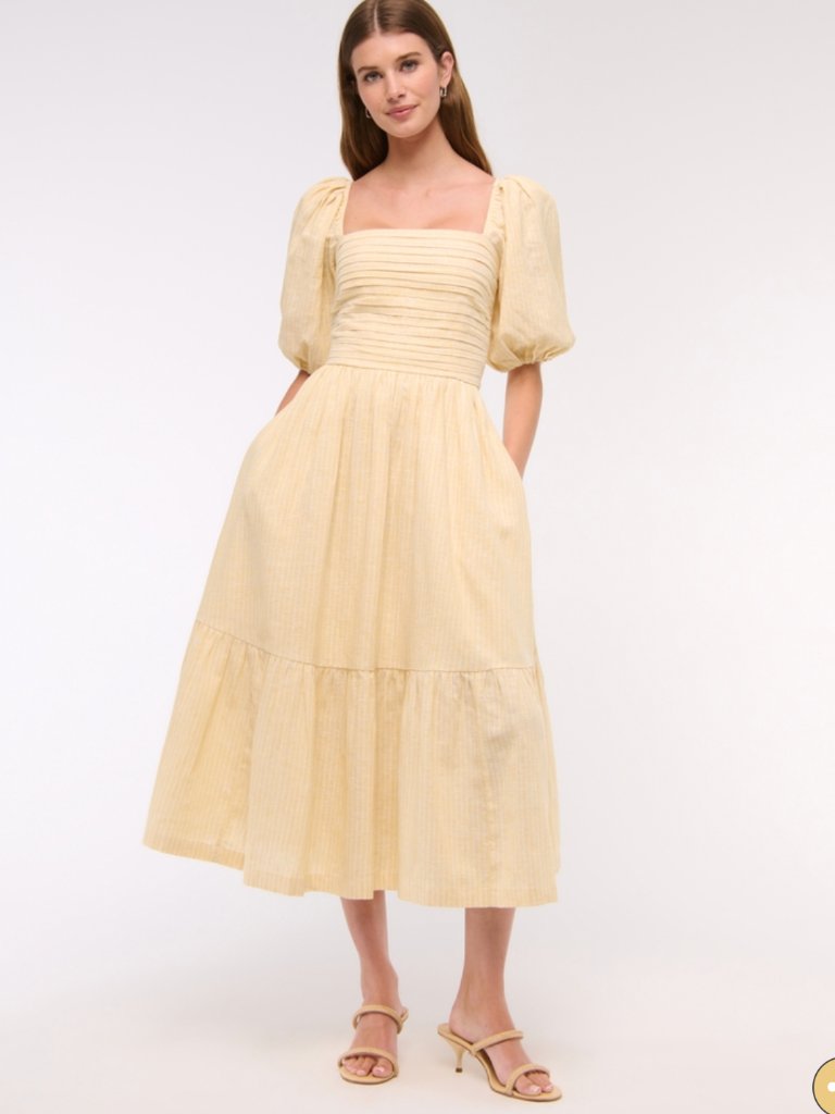 Nwt A&F Butter Yellow Emerson Linen-Blend Puff Sleeve Midi Dress - Xxl